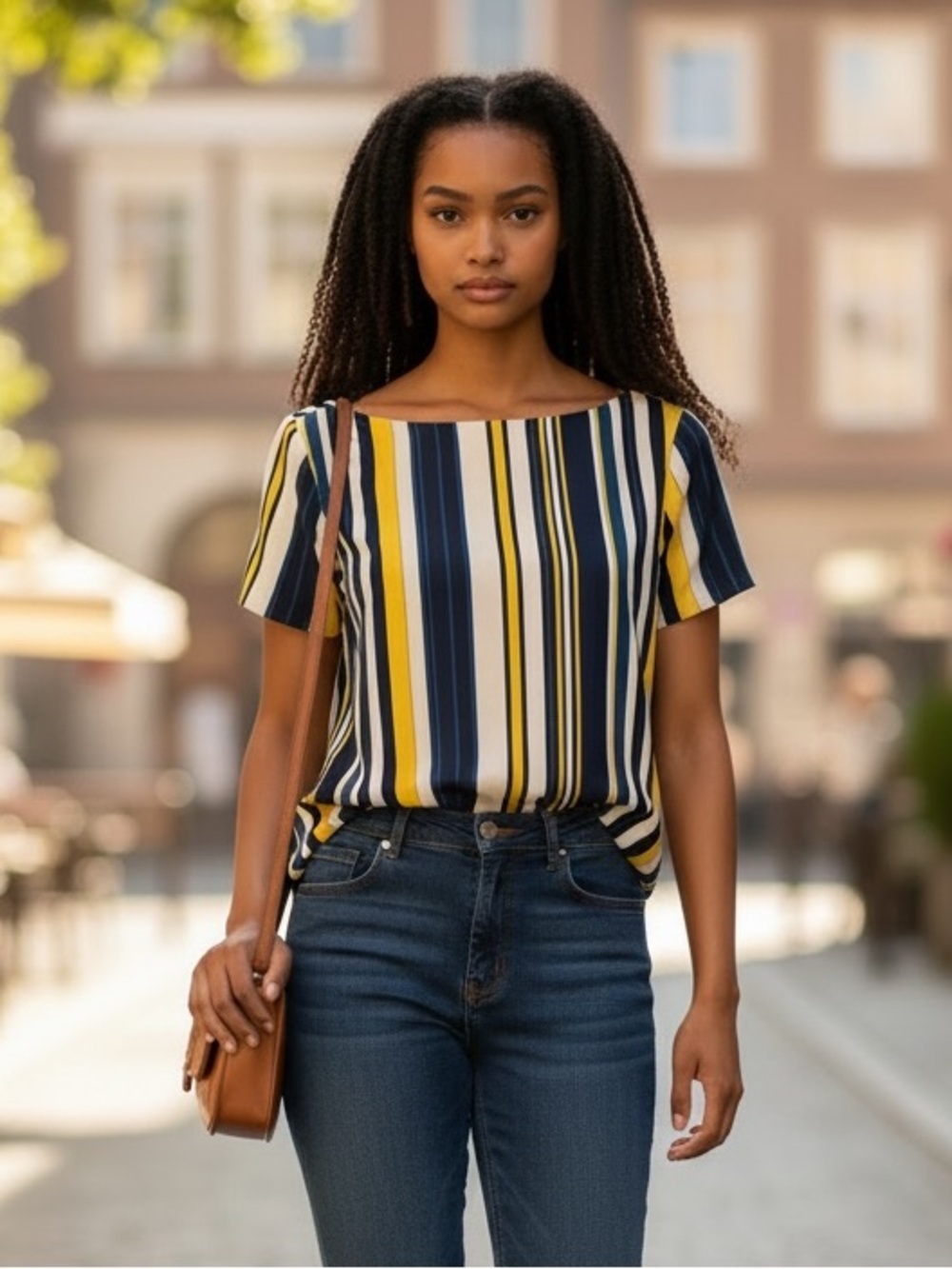 ZARA Striped Navy Yellow and White Blouse S EUC